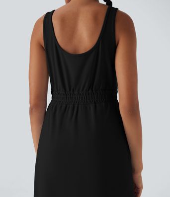 U Neck Zipper Split Knee Length Hiking Active Dress