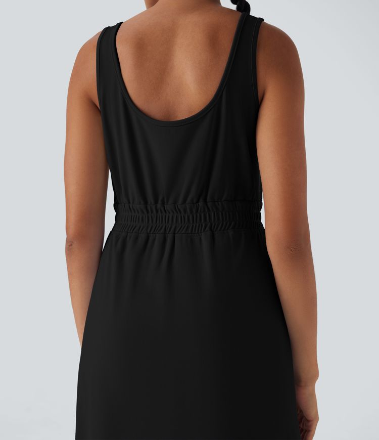 U Neck Zipper Split Knee Length Hiking Active Dress