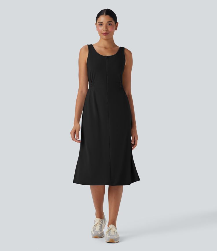 U Neck Zipper Split Knee Length Hiking Active Dress