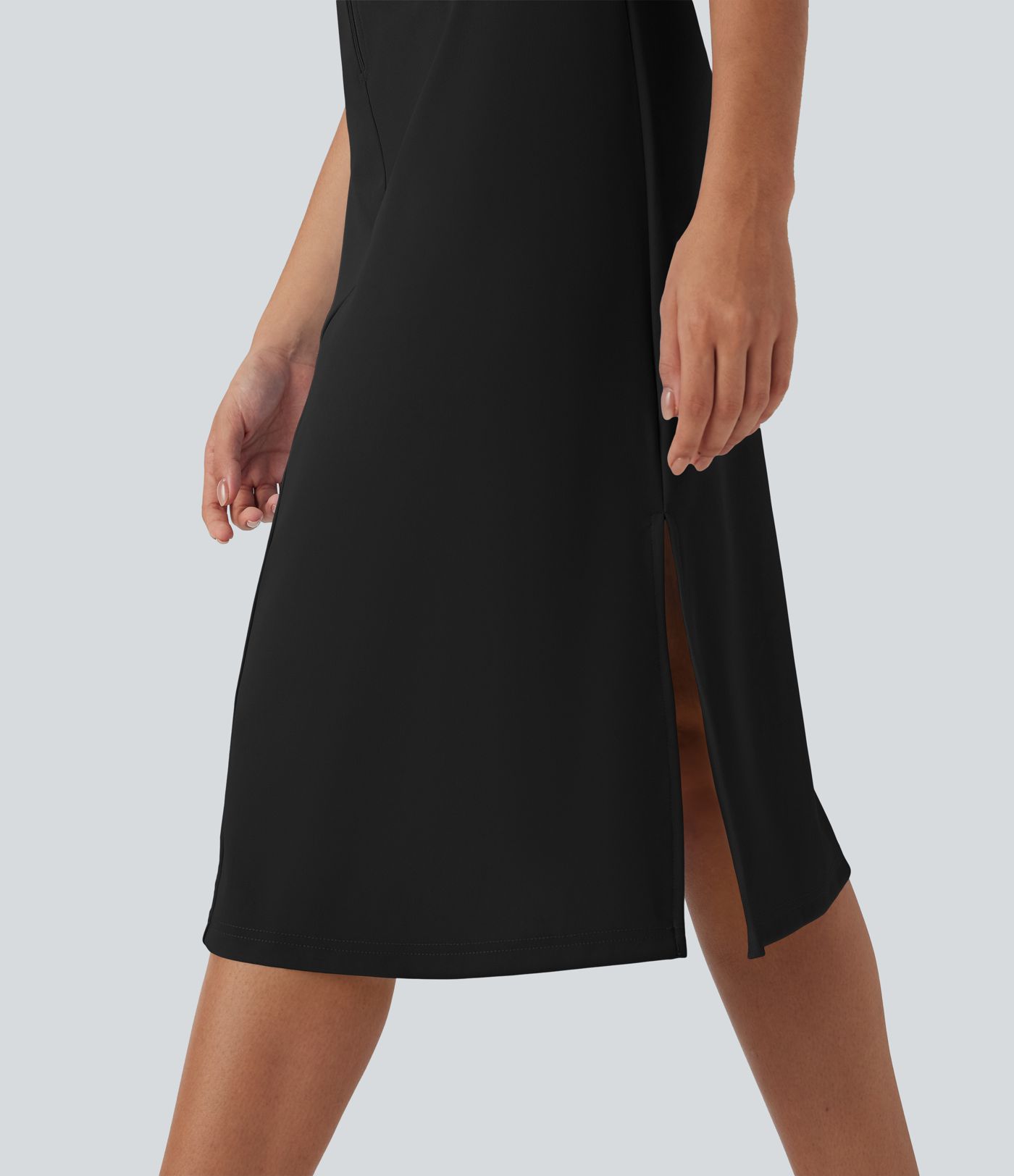 U Neck Zipper Split Knee Length Hiking Active Dress