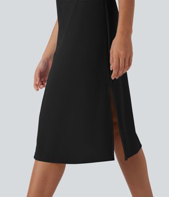 U Neck Zipper Split Knee Length Hiking Active Dress