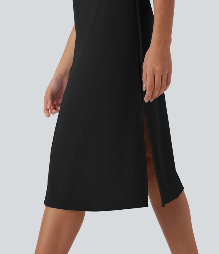 U Neck Zipper Split Knee Length Hiking Active Dress