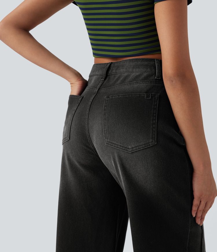 Halara Flex™ High Waisted Pockets Washed Denim Casual Women Wide Leg Baggy Denim Jeans