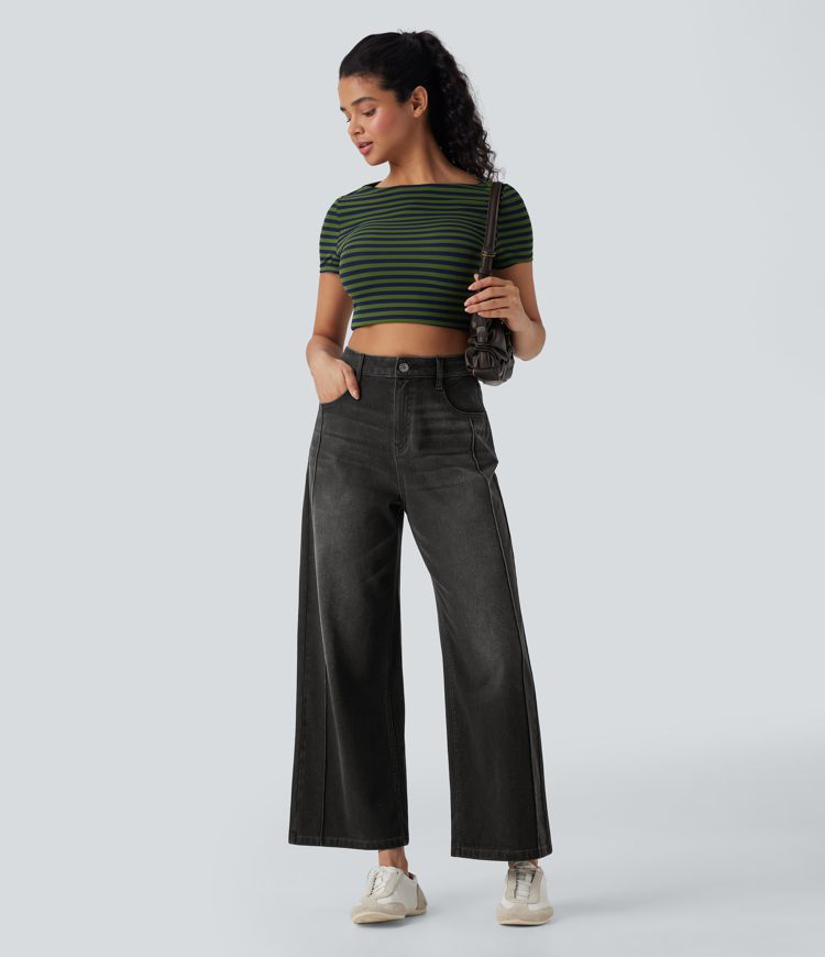 Halara Flex™ High Waisted Pockets Washed Denim Casual Women Wide Leg Baggy Denim Jeans