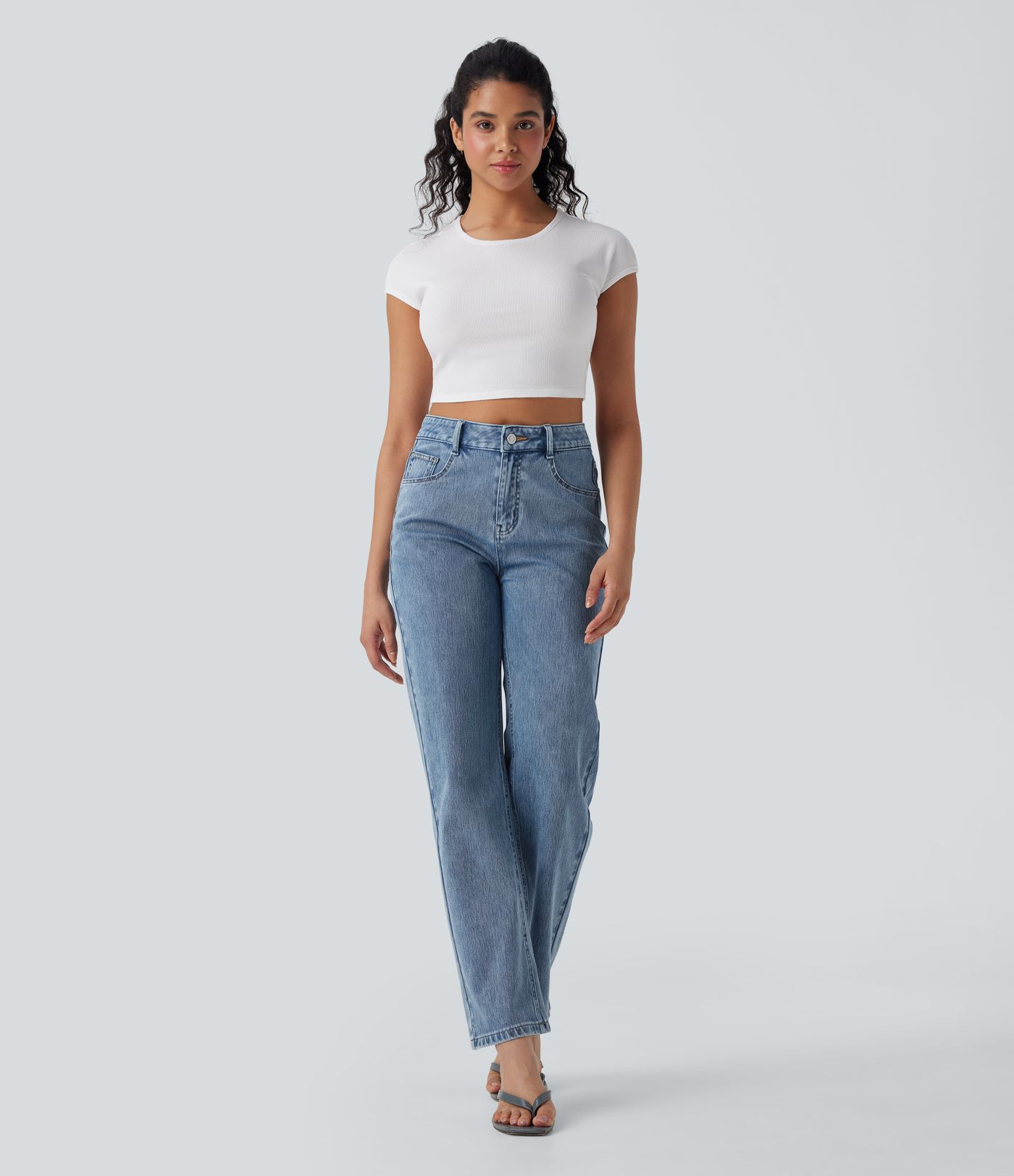 Halara Flex™ - Lässige Jeans aus elastischem Strick-Denim mit hohem Bund, mehreren Taschen, Knopfverschluss und geradem Bein