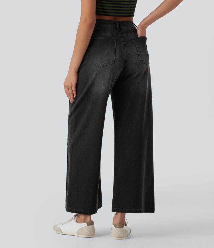 Halara Flex™ High Waisted Pockets Washed Denim Casual Women Wide Leg Baggy Denim Jeans