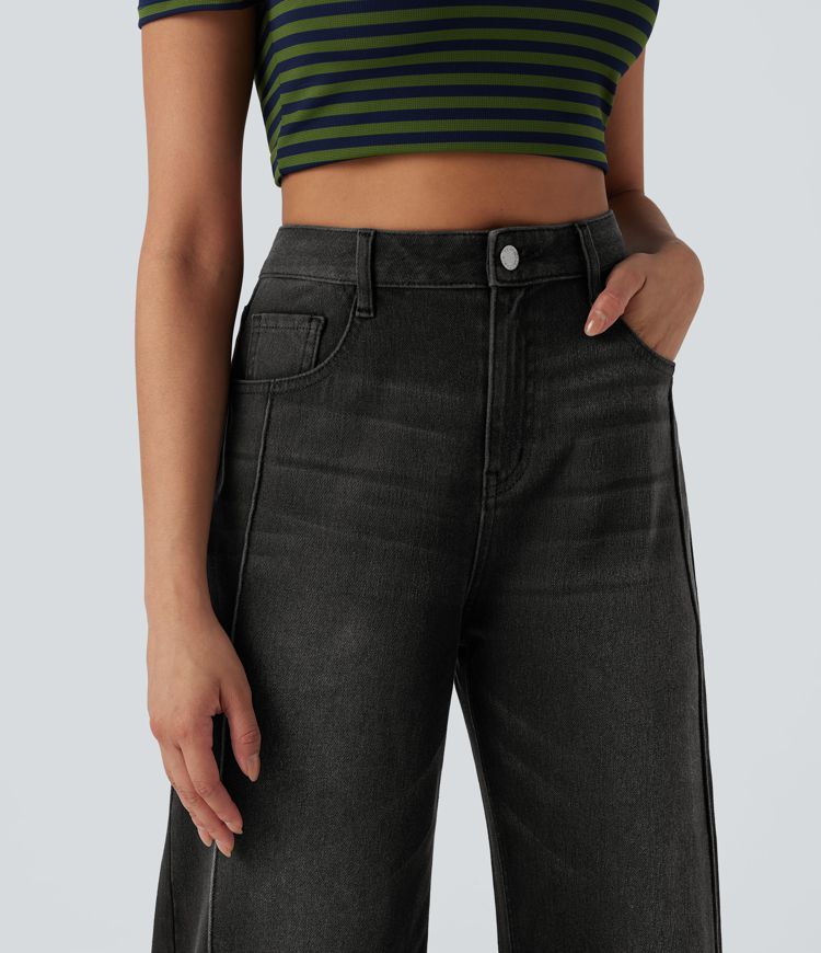 Halara Flex™ High Waisted Pockets Washed Denim Casual Women Wide Leg Baggy Denim Jeans