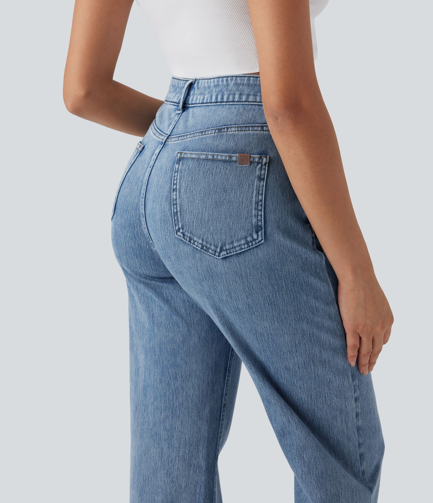 Halara Flex™ - Lässige Jeans aus elastischem Strick-Denim mit hohem Bund, mehreren Taschen, Knopfverschluss und geradem Bein