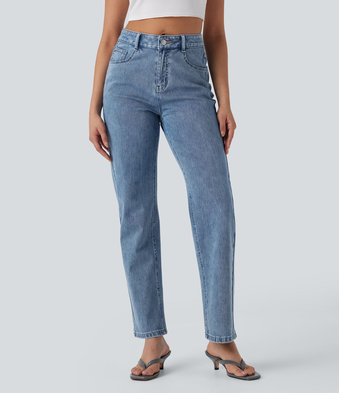 Halara Flex™ - Lässige Jeans aus elastischem Strick-Denim mit hohem Bund, mehreren Taschen, Knopfverschluss und geradem Bein