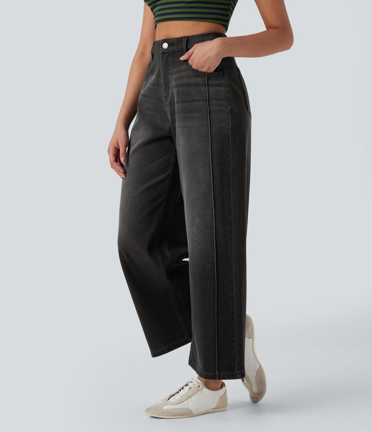 Halara Flex™ High Waisted Pockets Washed Denim Casual Women Wide Leg Baggy Denim Jeans