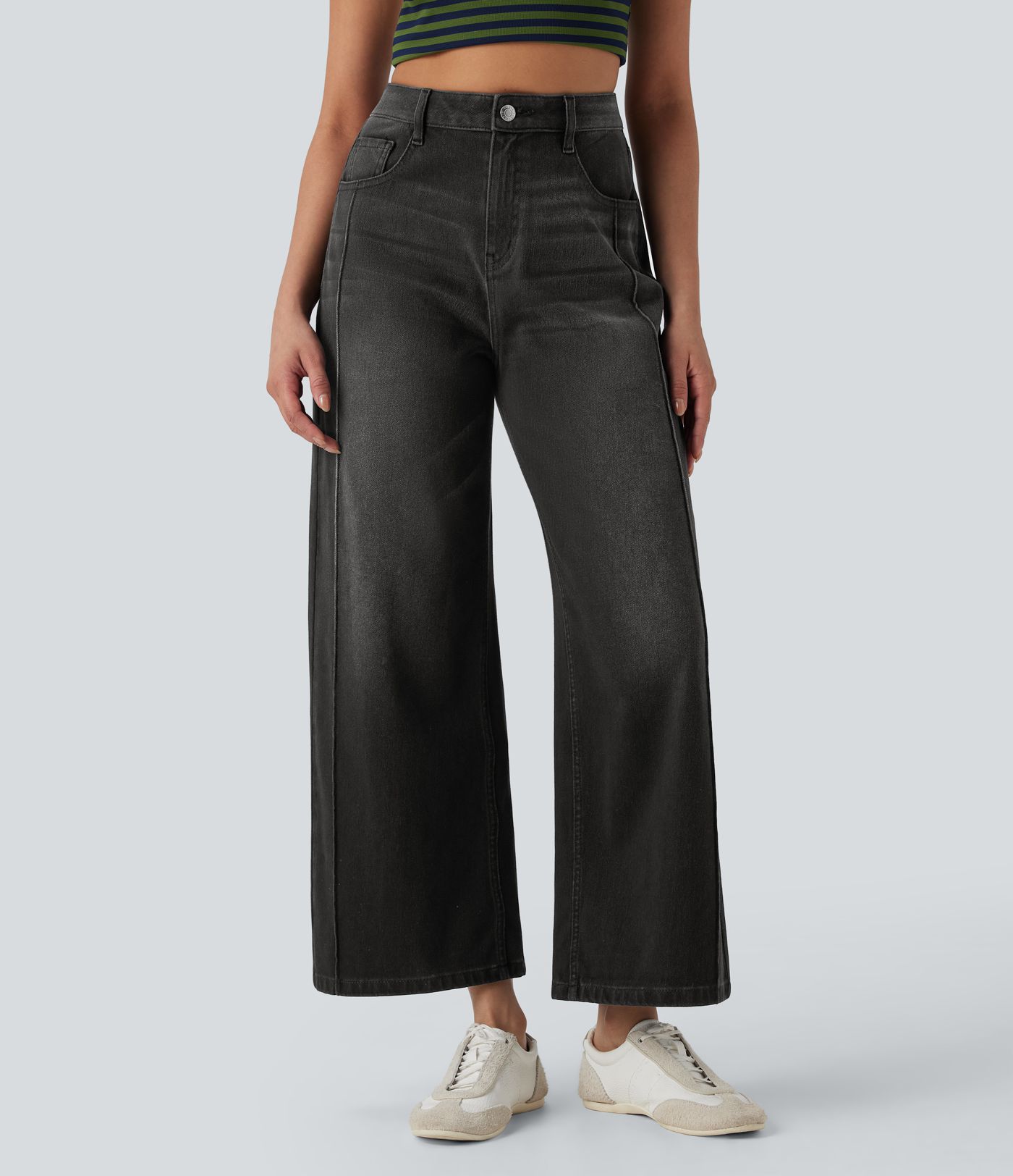 Halara Flex™ High Waisted Pockets Washed Denim Casual Women Wide Leg Baggy Denim Jeans