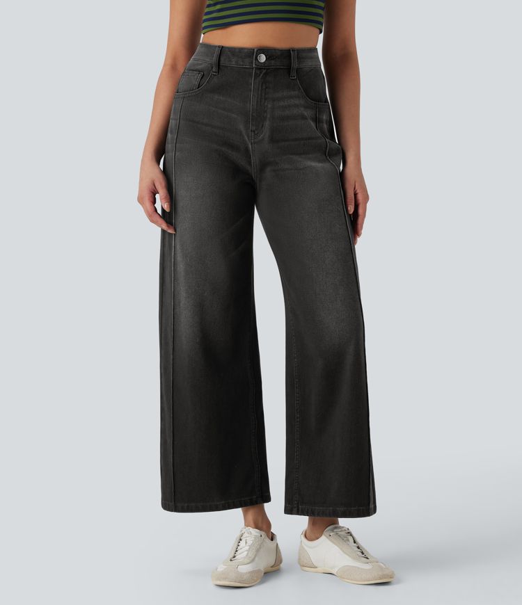 Halara Flex™ High Waisted Pockets Washed Denim Casual Women Wide Leg Baggy Denim Jeans