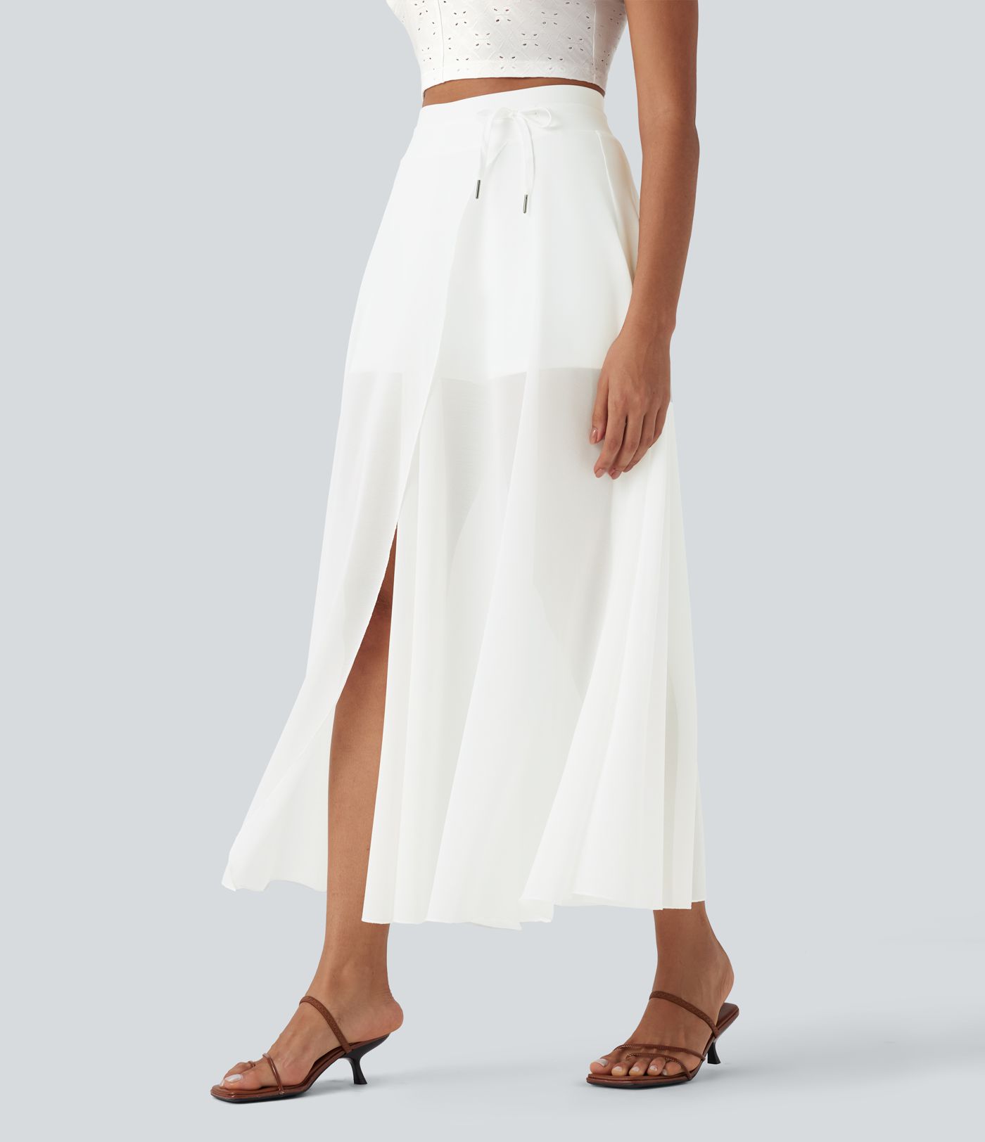 High Waisted Drawstring Contrast Mesh 2-in-1 Pocket Flowy Maxi Flare Casual Skirt