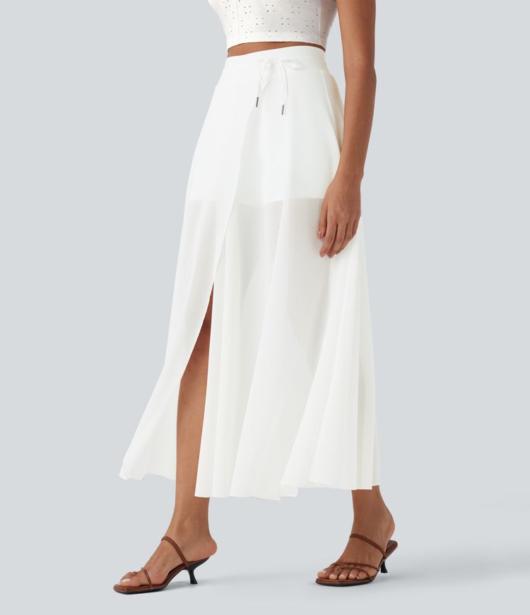High Waisted Drawstring Contrast Mesh 2-in-1 Pocket Flowy Maxi Flare Casual Skirt
