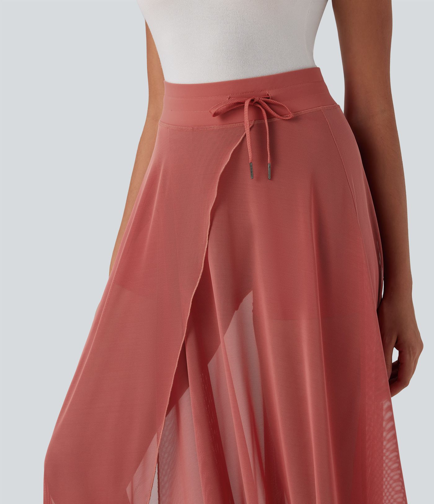 High Waisted Drawstring Contrast Mesh 2-in-1 Pocket Flowy Maxi Flare Casual Skirt