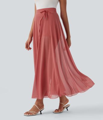 High Waisted Drawstring Contrast Mesh 2-in-1 Pocket Flowy Maxi Flare Casual Skirt