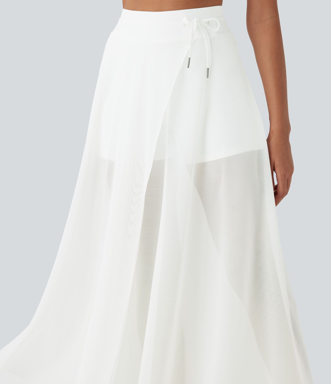 High Waisted Drawstring Contrast Mesh 2-in-1 Pocket Flowy Maxi Flare Casual Skirt