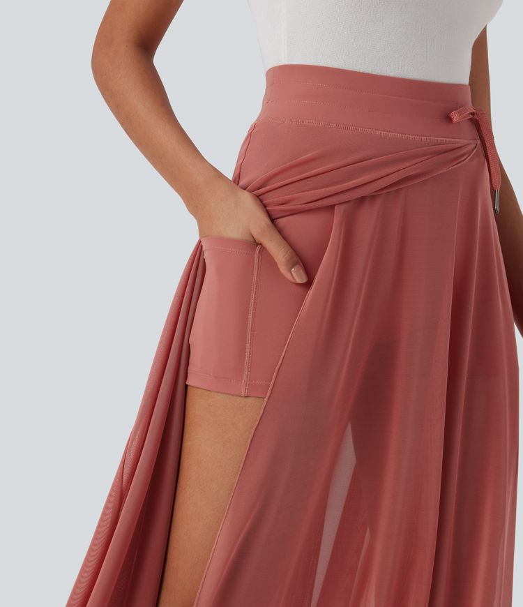 High Waisted Drawstring Contrast Mesh 2-in-1 Pocket Flowy Maxi Flare Casual Skirt