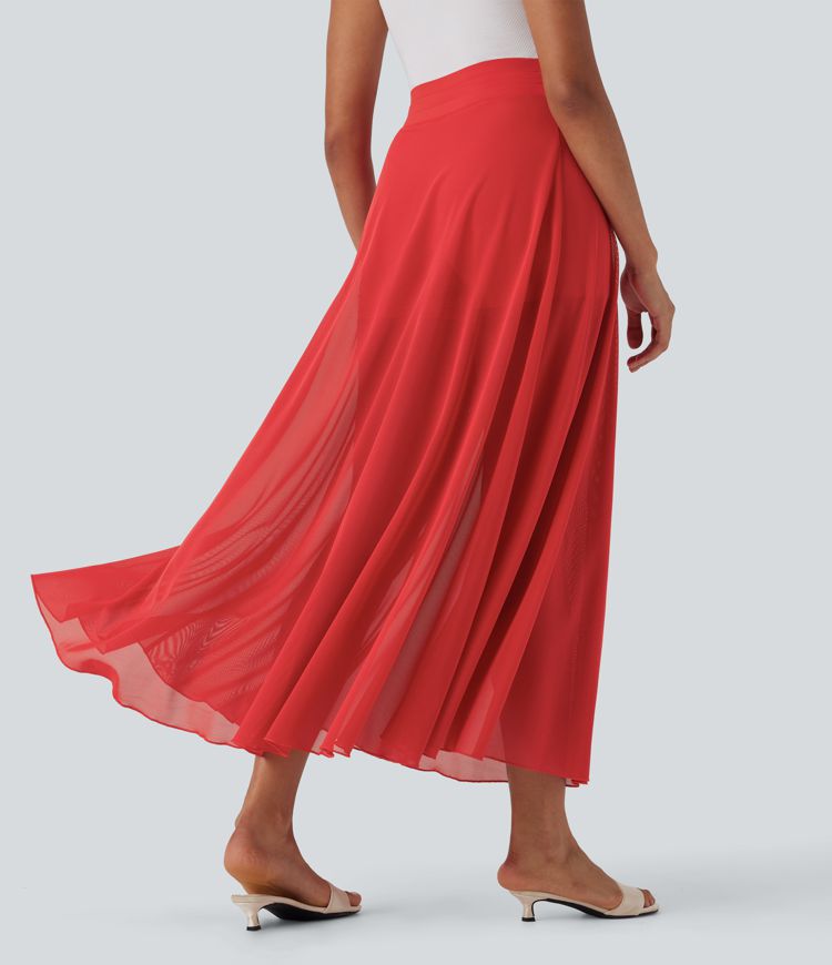 High Waisted Drawstring Contrast Mesh 2-in-1 Side Pocket Flowy Maxi Flare Casual Skirt