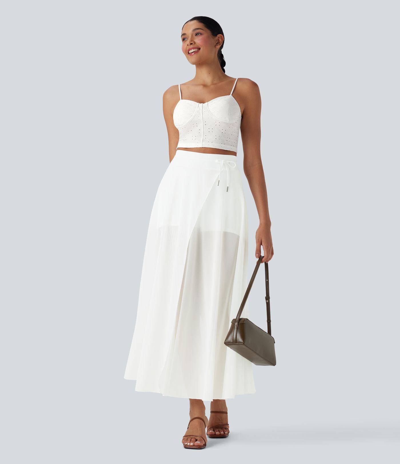 High Waisted Drawstring Contrast Mesh 2-in-1 Pocket Flowy Maxi Flare Casual Skirt