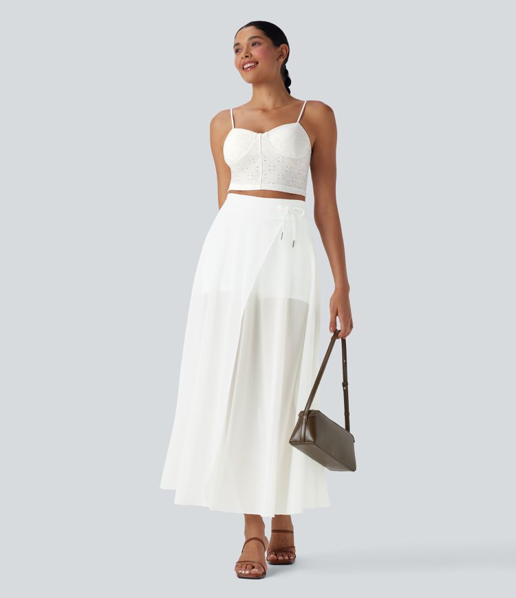 High Waisted Drawstring Contrast Mesh 2-in-1 Pocket Flowy Maxi Flare Casual Skirt