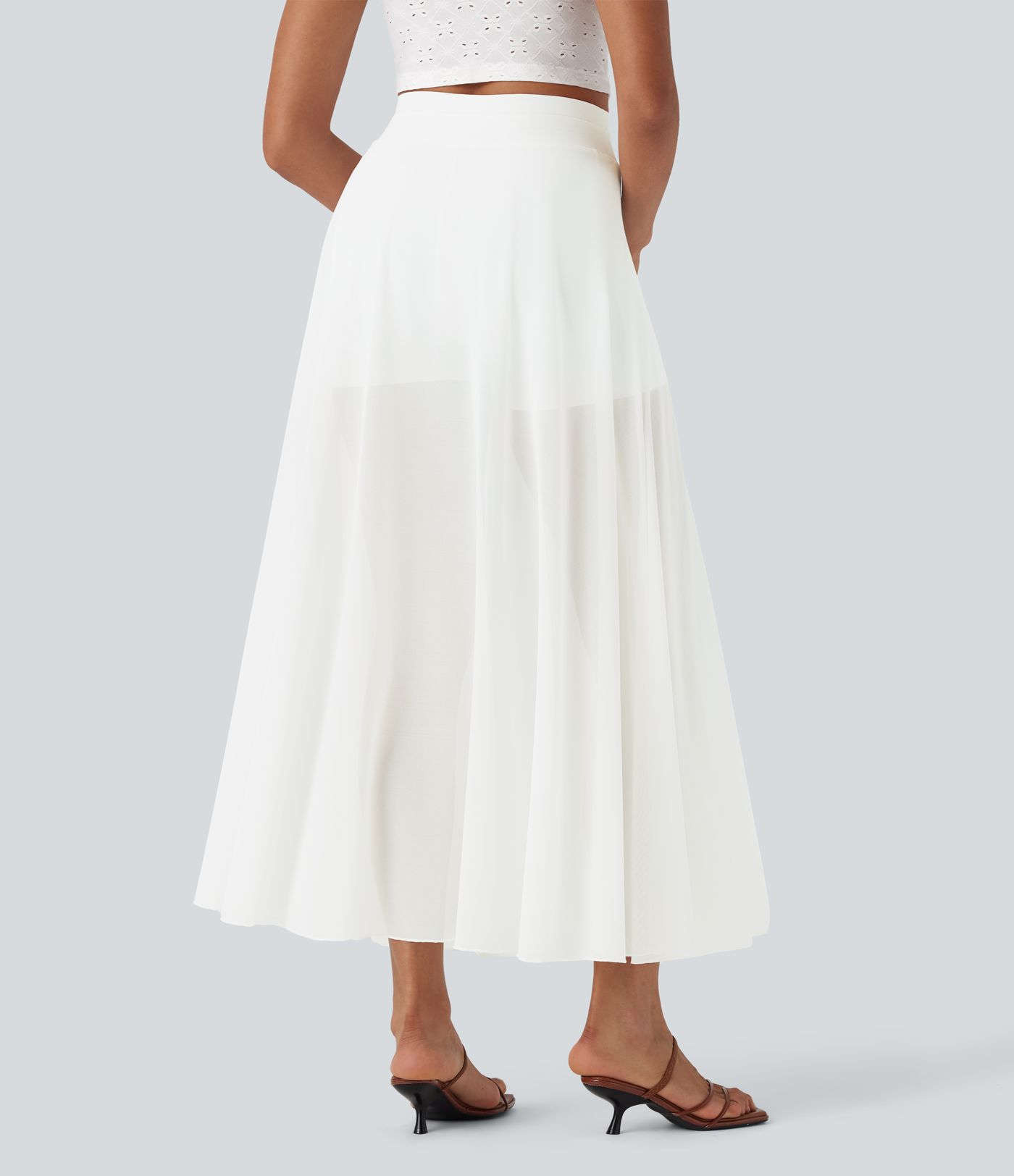 High Waisted Drawstring Contrast Mesh 2-in-1 Pocket Flowy Maxi Flare Casual Skirt