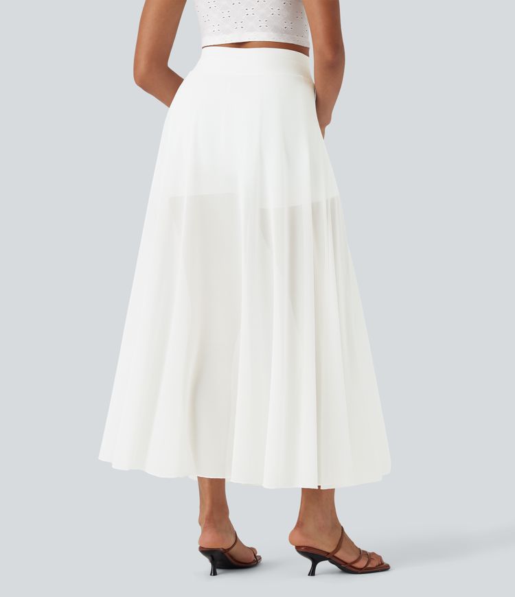 High Waisted Drawstring Contrast Mesh 2-in-1 Pocket Flowy Maxi Flare Casual Skirt
