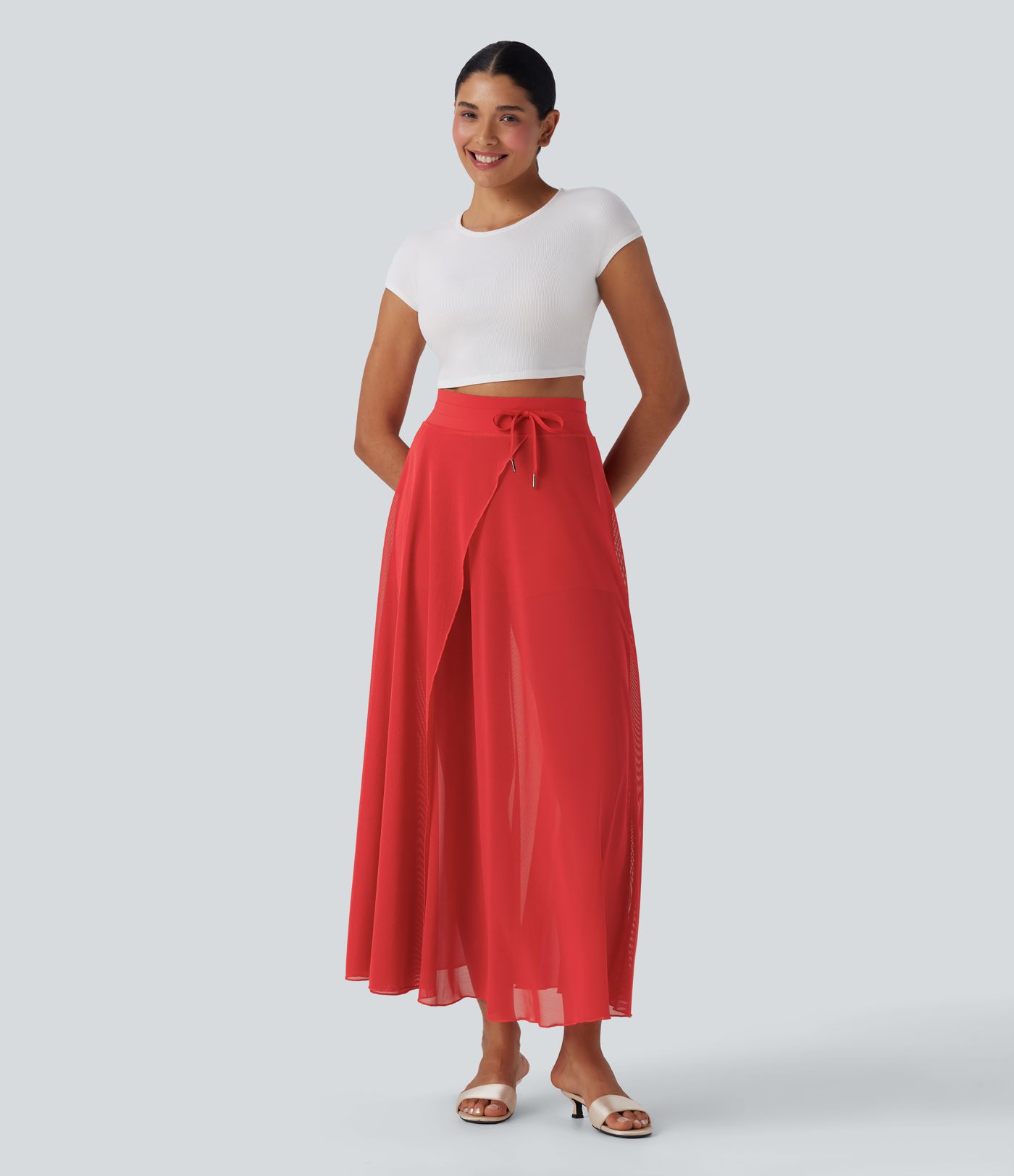 High Waisted Drawstring Contrast Mesh 2-in-1 Pocket Flowy Maxi Flare Casual Skirt