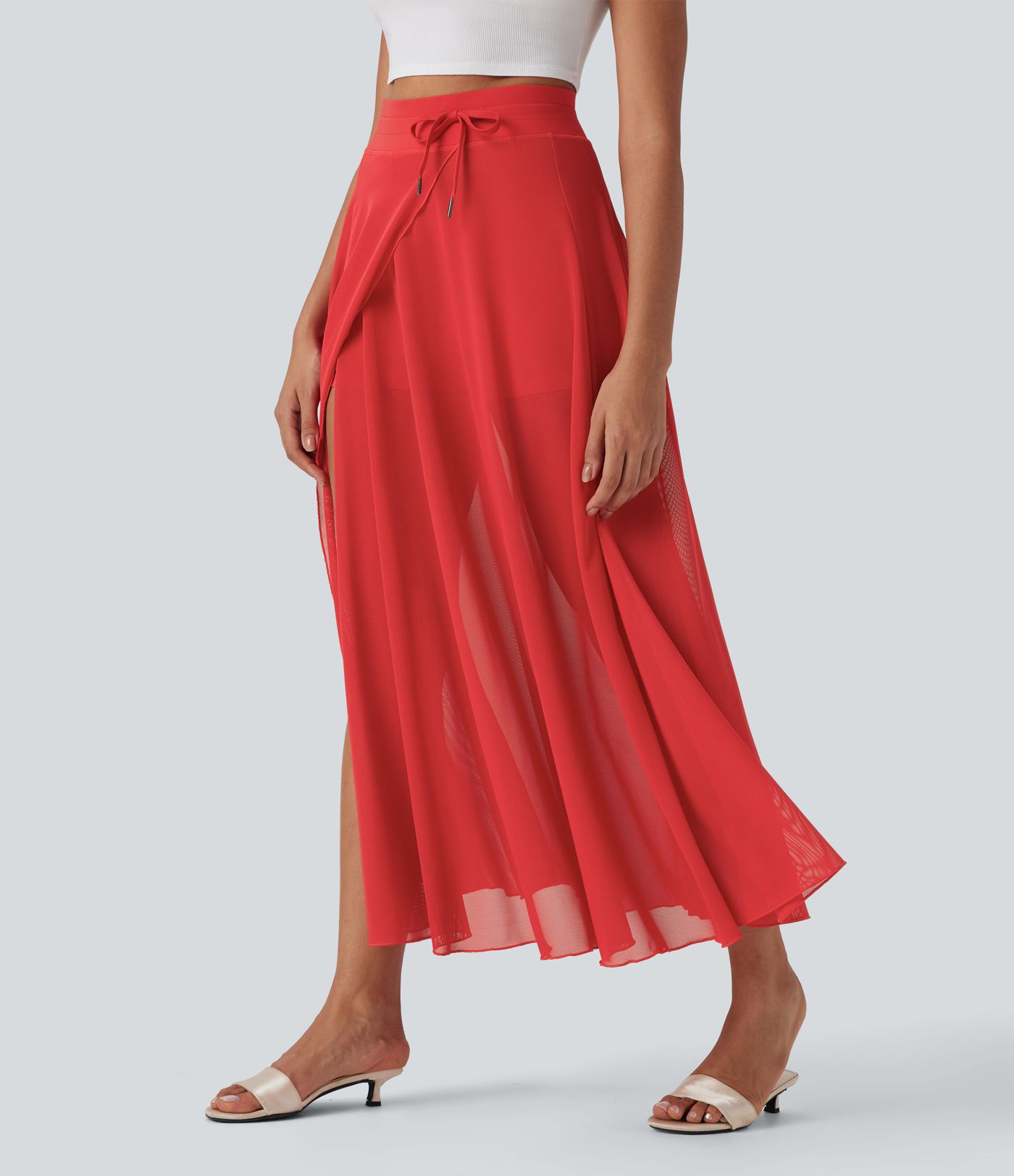 High Waisted Drawstring Contrast Mesh 2-in-1 Pocket Flowy Maxi Flare Casual Skirt