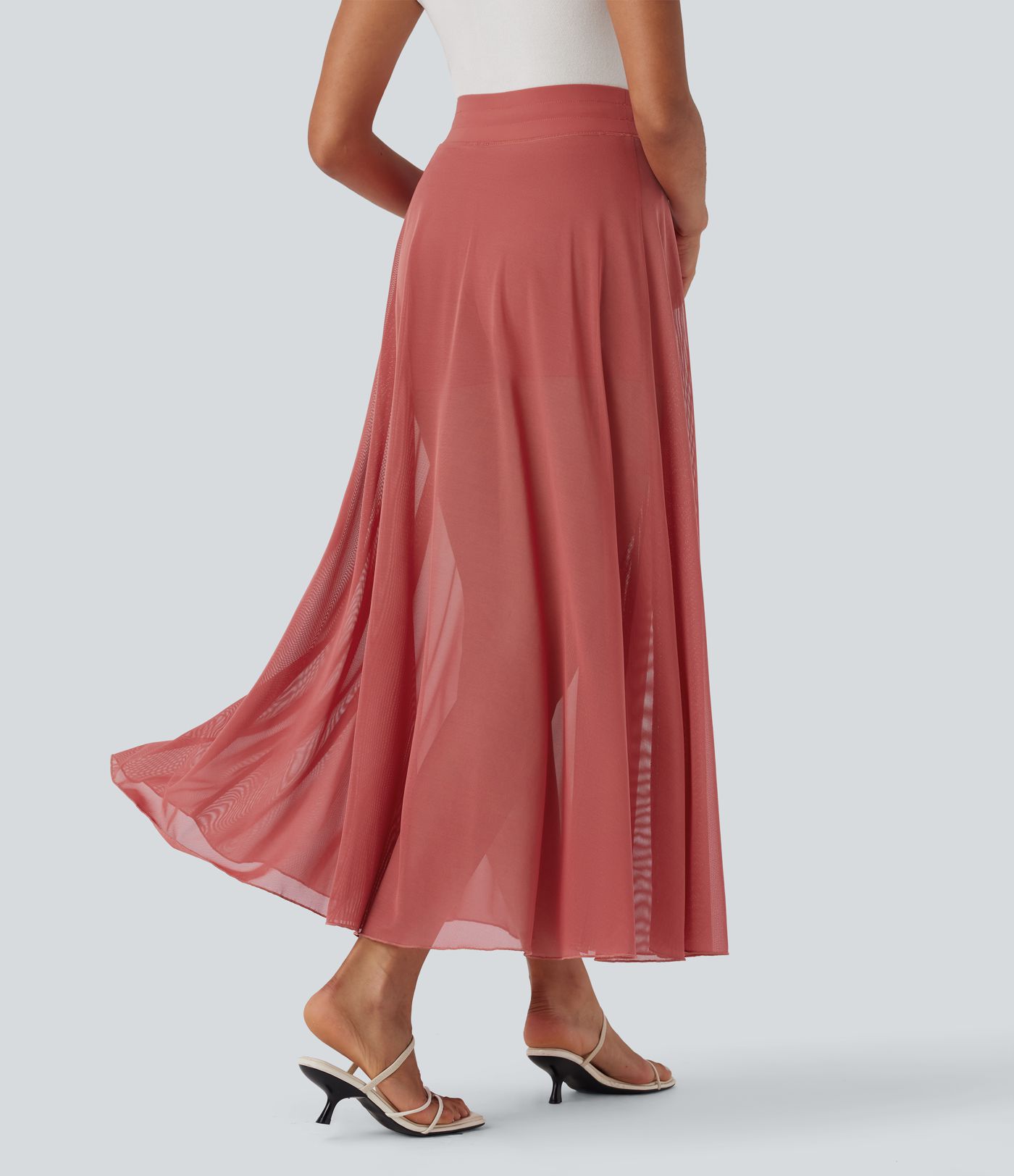 High Waisted Drawstring Contrast Mesh 2-in-1 Pocket Flowy Maxi Flare Casual Skirt