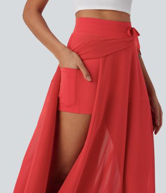 High Waisted Drawstring Contrast Mesh 2-in-1 Pocket Flowy Maxi Flare Casual Skirt