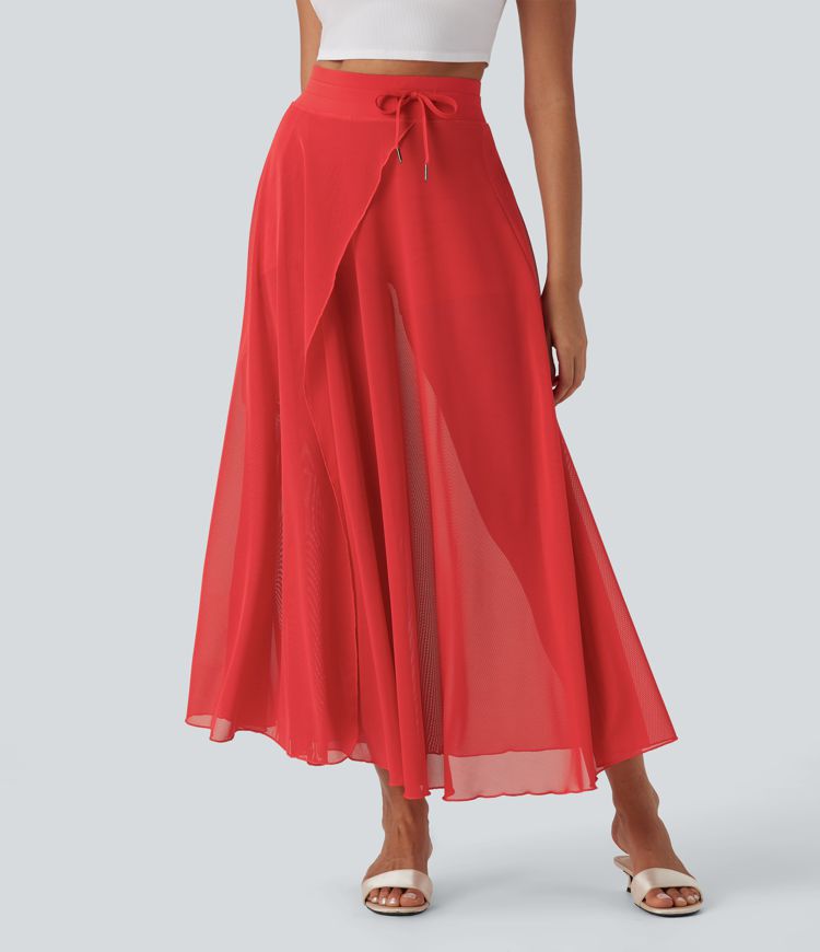 High Waisted Drawstring Contrast Mesh 2-in-1 Side Pocket Flowy Maxi Flare Casual Skirt