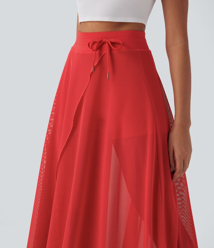 High Waisted Drawstring Contrast Mesh 2-in-1 Pocket Flowy Maxi Flare Casual Skirt