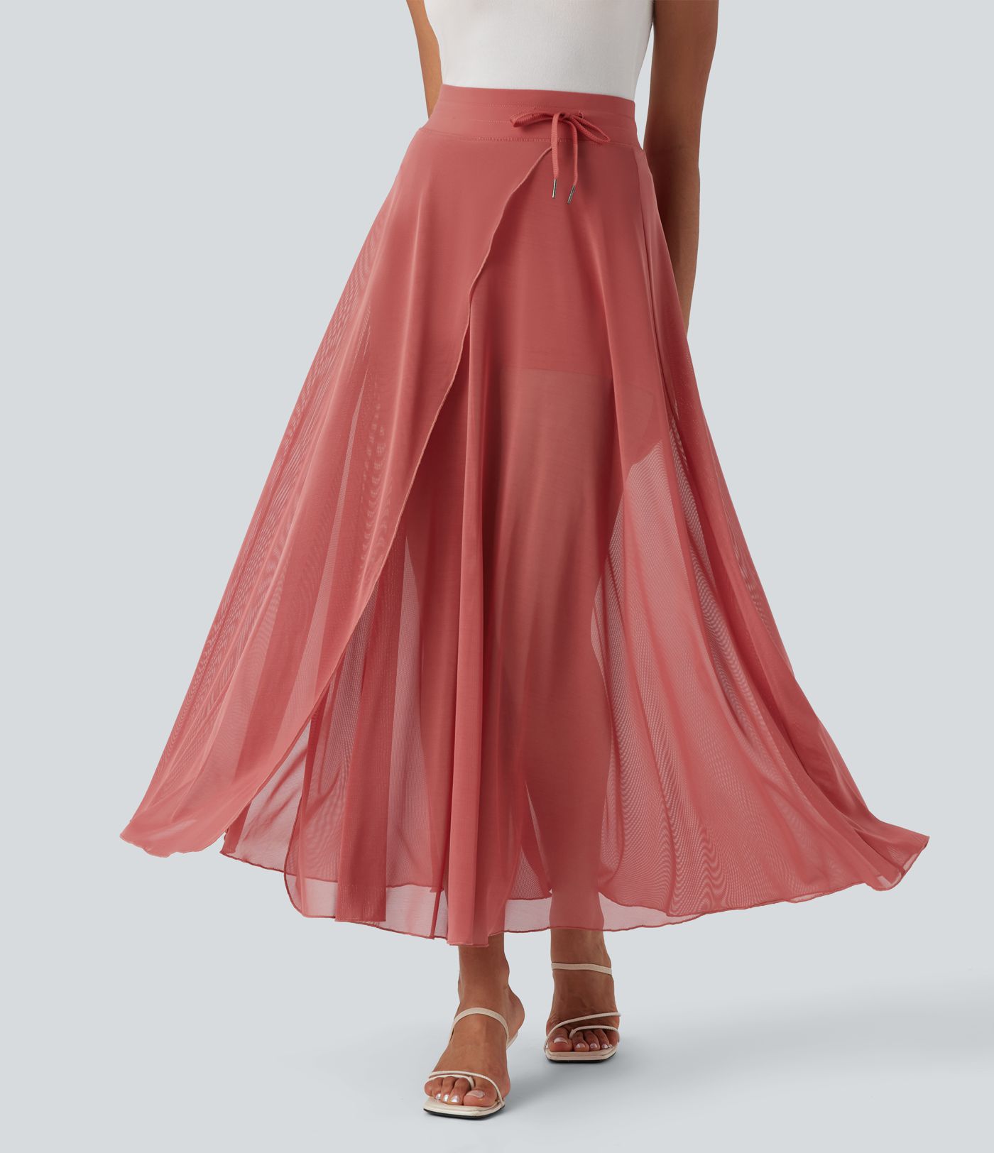 High Waisted Drawstring Contrast Mesh 2-in-1 Pocket Flowy Maxi Flare Casual Skirt