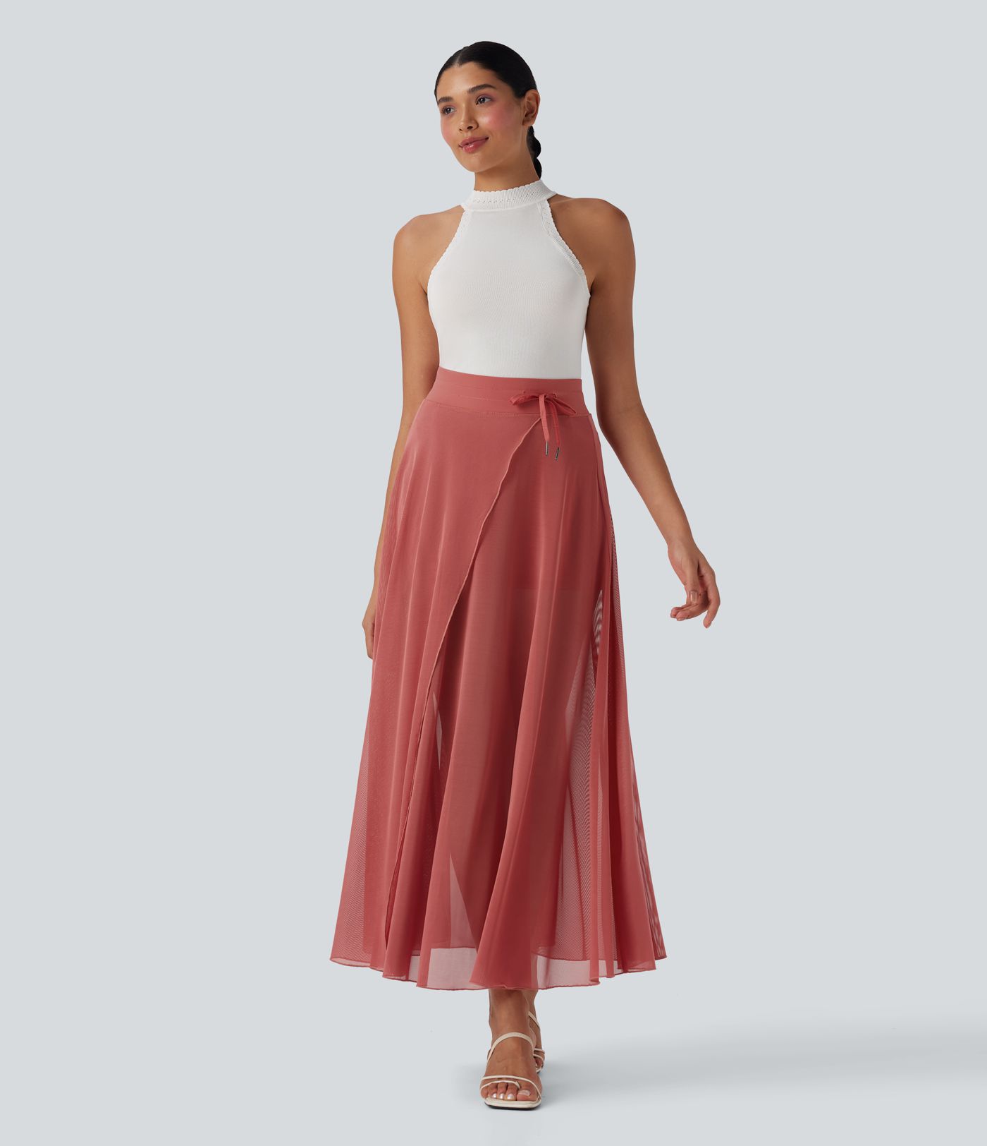 High Waisted Drawstring Contrast Mesh 2-in-1 Pocket Flowy Maxi Flare Casual Skirt