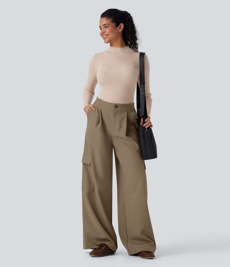 High Waisted Wide Leg Casual Cargo Trousers with Pockets