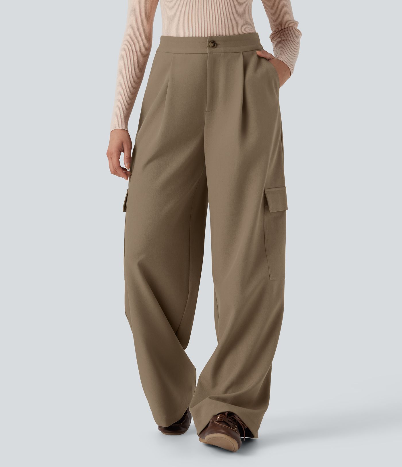 High Waisted Wide Leg Casual Cargo Trousers with Pockets