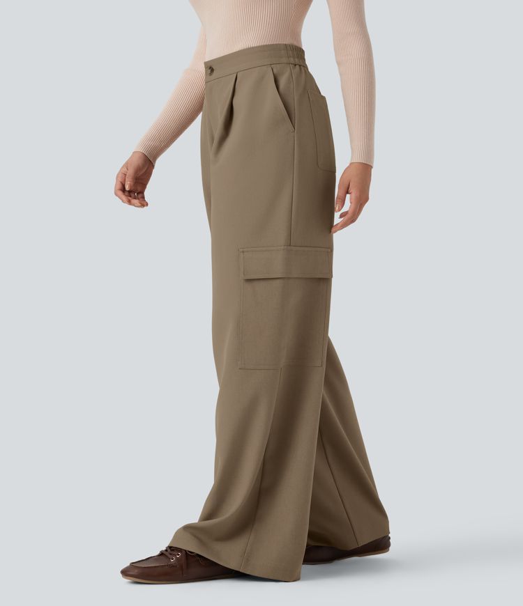 High Waisted Wide Leg Casual Cargo Trousers with Pockets