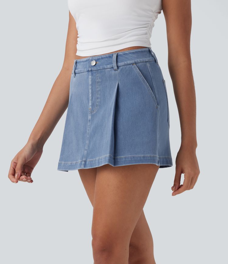 Falda pantalón Halara Flex™ Denim mezclilla elástica lavada 2 en 1 de tiro alto con bolsillos