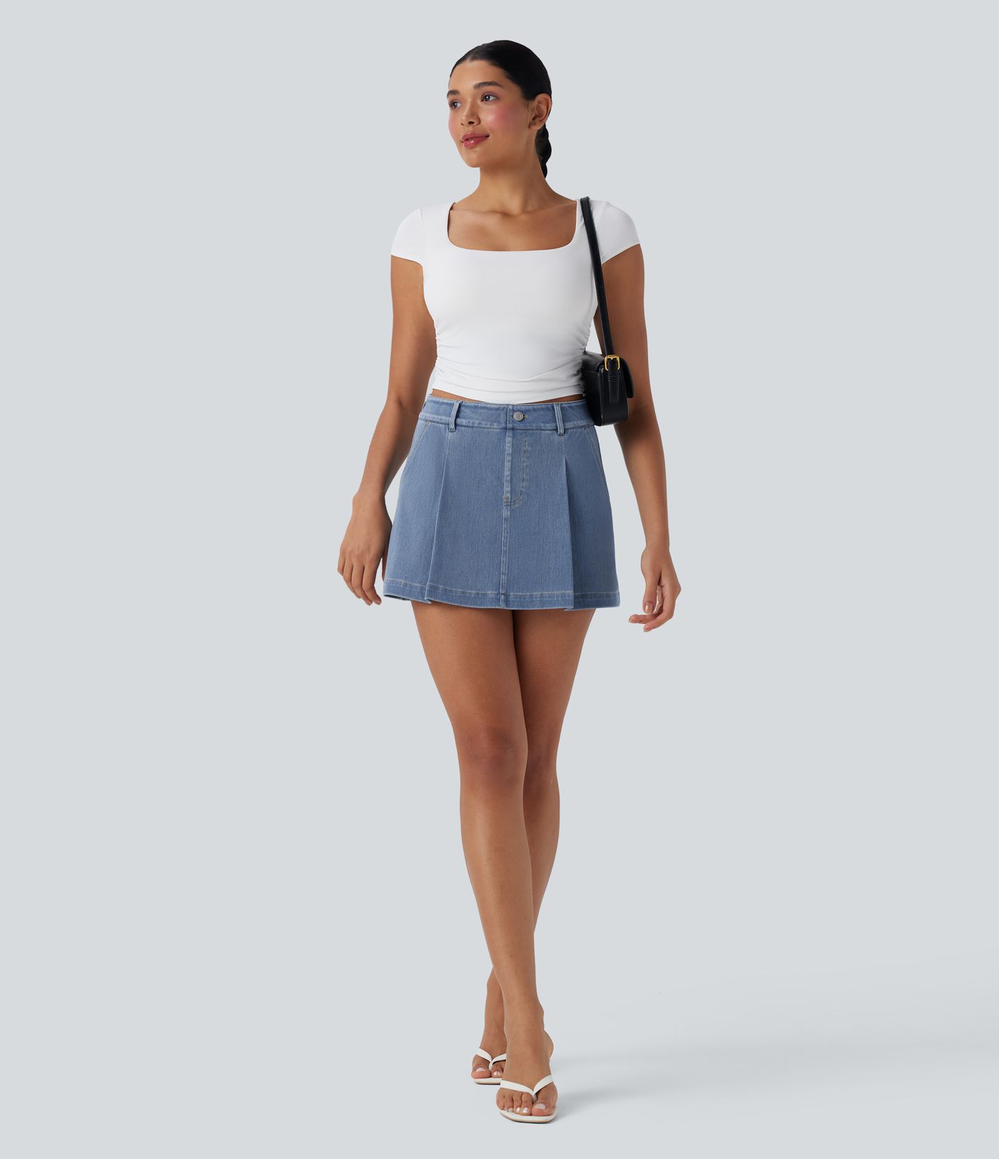 Halara Flex™ High Waisted 2-in-1 Washed Stretchy Knit Denim Casual A-line Skort with Pockets