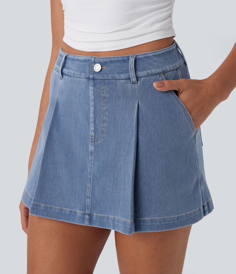 Falda pantalón Halara Flex™ Denim mezclilla elástica lavada 2 en 1 de tiro alto con bolsillos