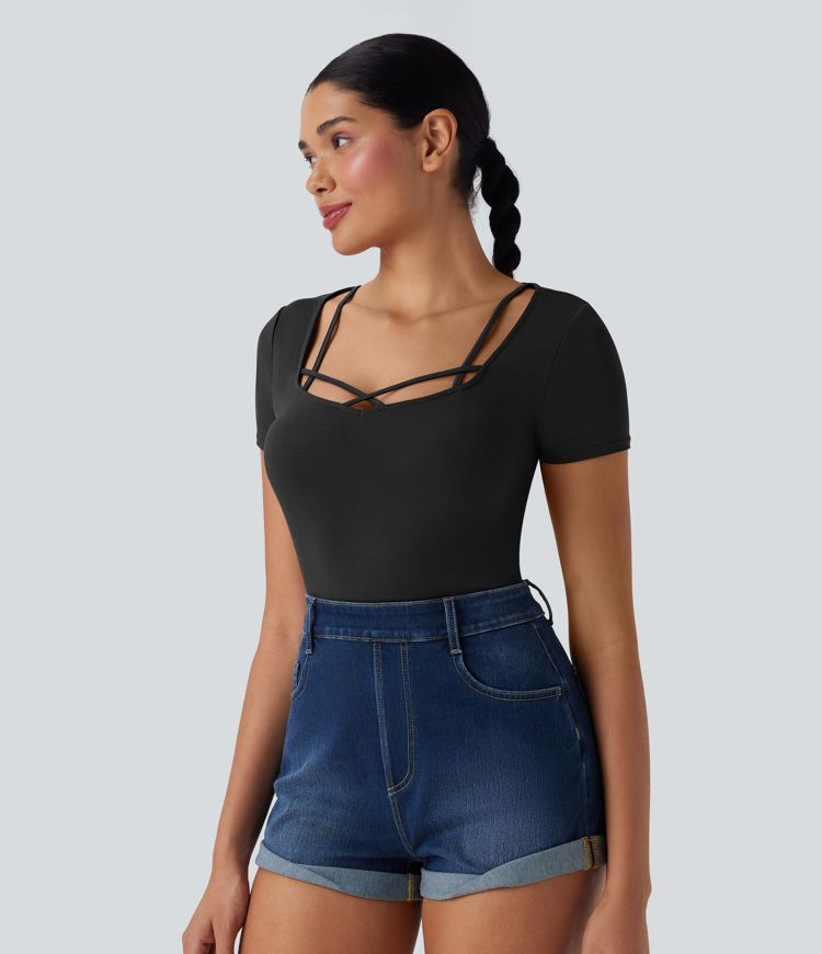 Crisscross Strap Short Sleeve Cropped Casual Top