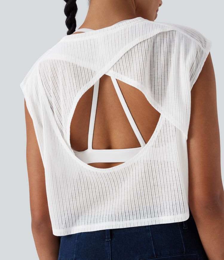 Round Neck Cap Sleeve Cut Out Casual Top