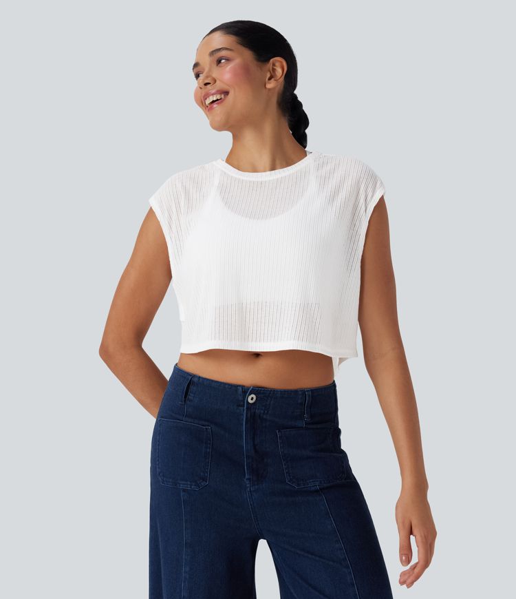 Round Neck Cap Sleeve Cut Out Casual Top
