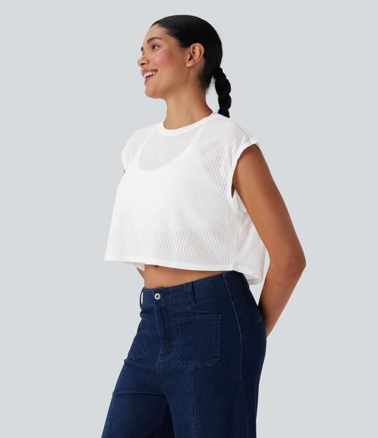 Round Neck Cap Sleeve Cut Out Casual Top