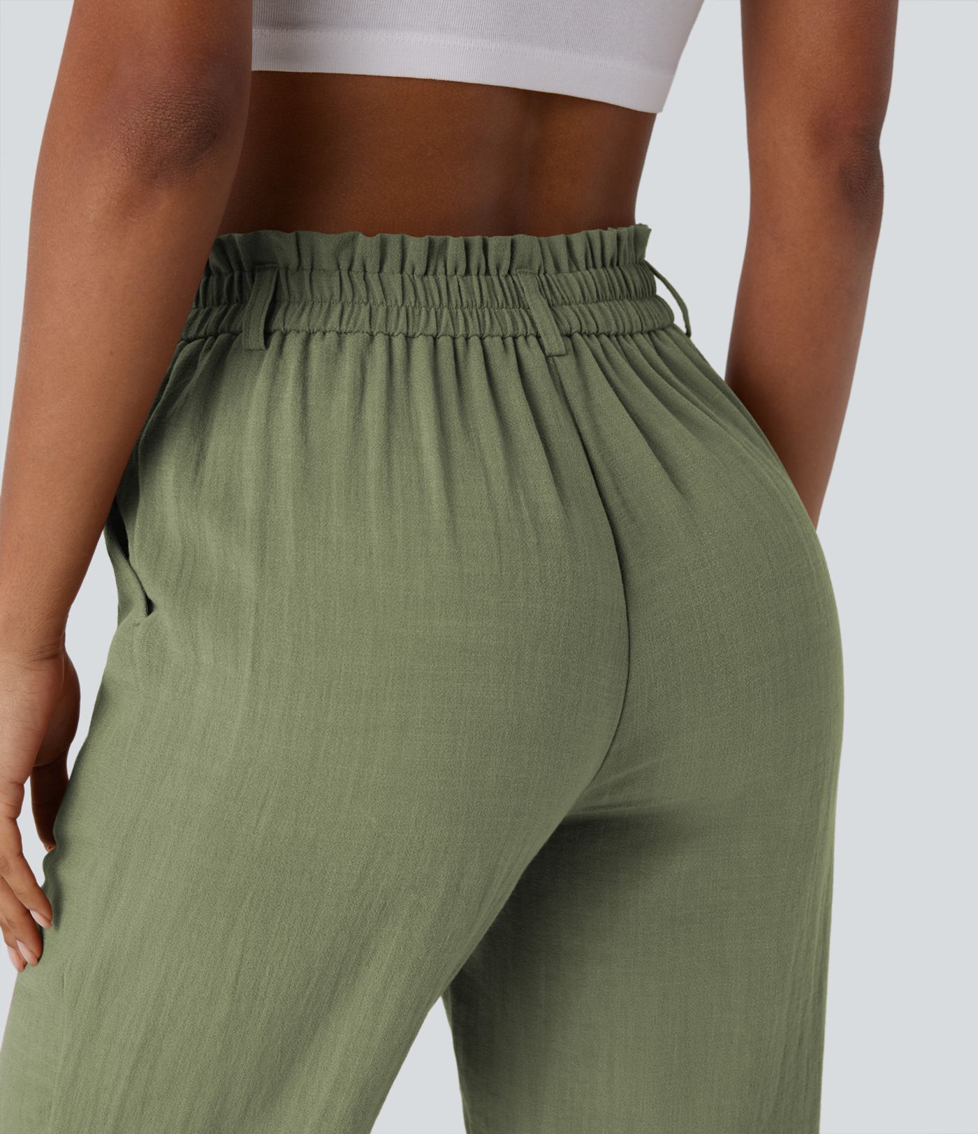 High Waisted Zipper Pocket Women Capri Linen-Feel Pants