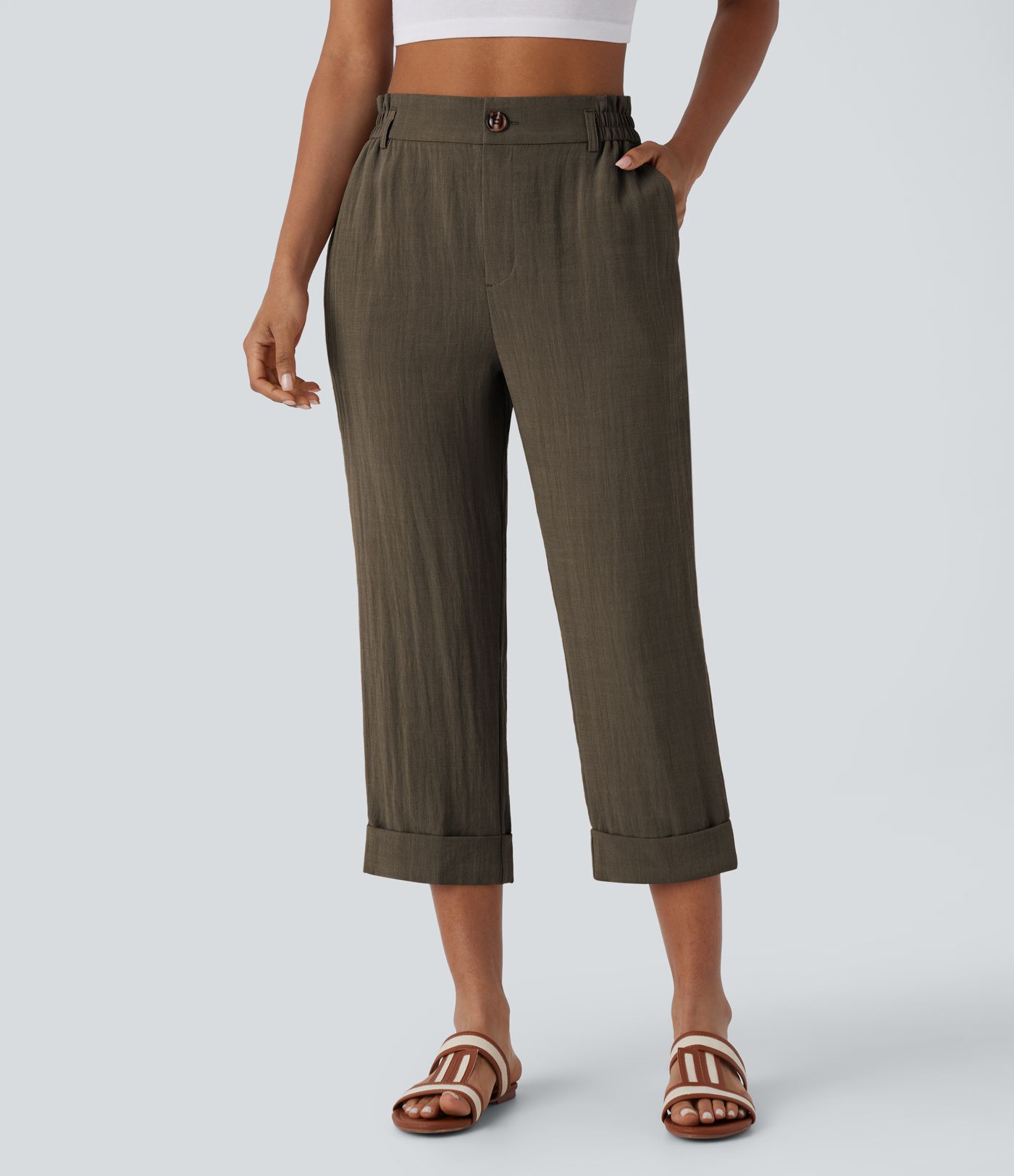 High Waisted Zipper Pocket Women Capri Linen-Feel Pants