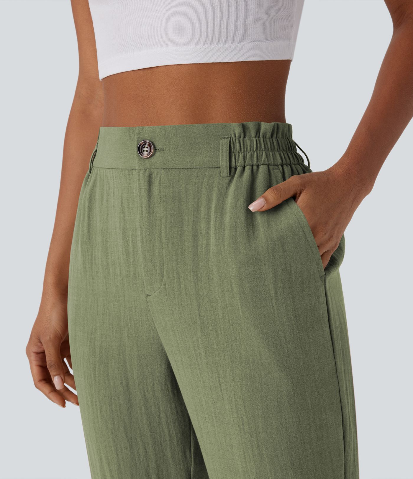 High Waisted Zipper Pocket Women Capri Linen-Feel Pants