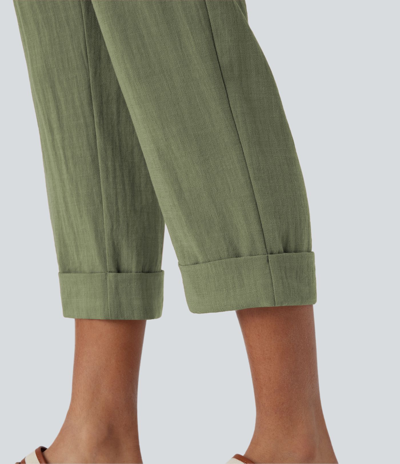 High Waisted Zipper Pocket Women Capri Linen-Feel Pants