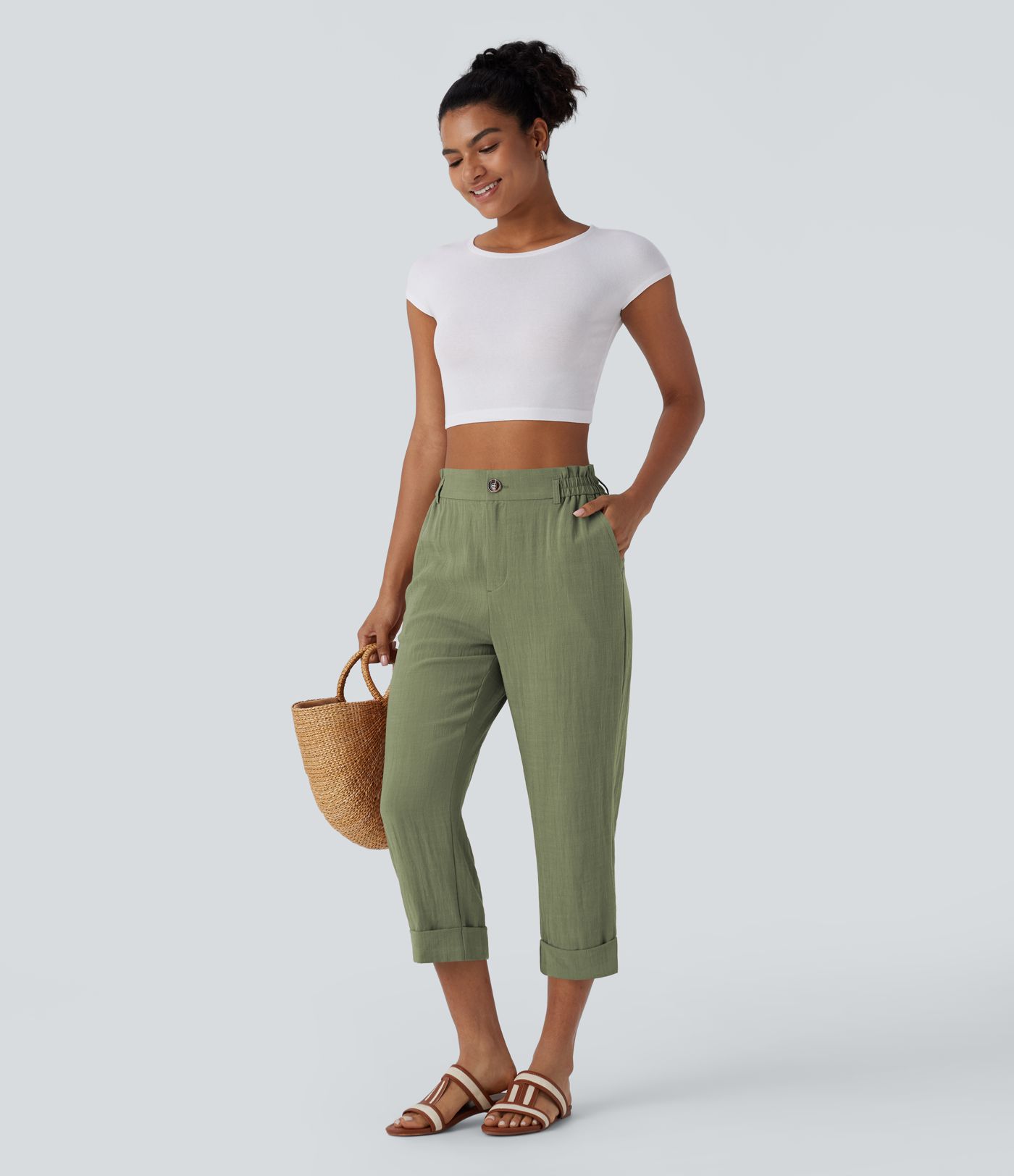 High Waisted Zipper Pocket Women Capri Linen-Feel Pants